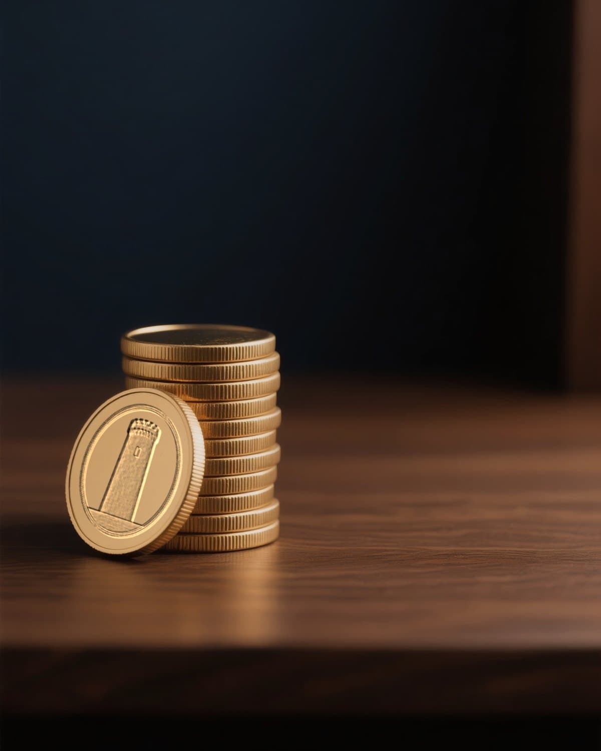 A stack of gold coins on a walnut desk. One coin leans against the stack and carries the Watchtower seal.