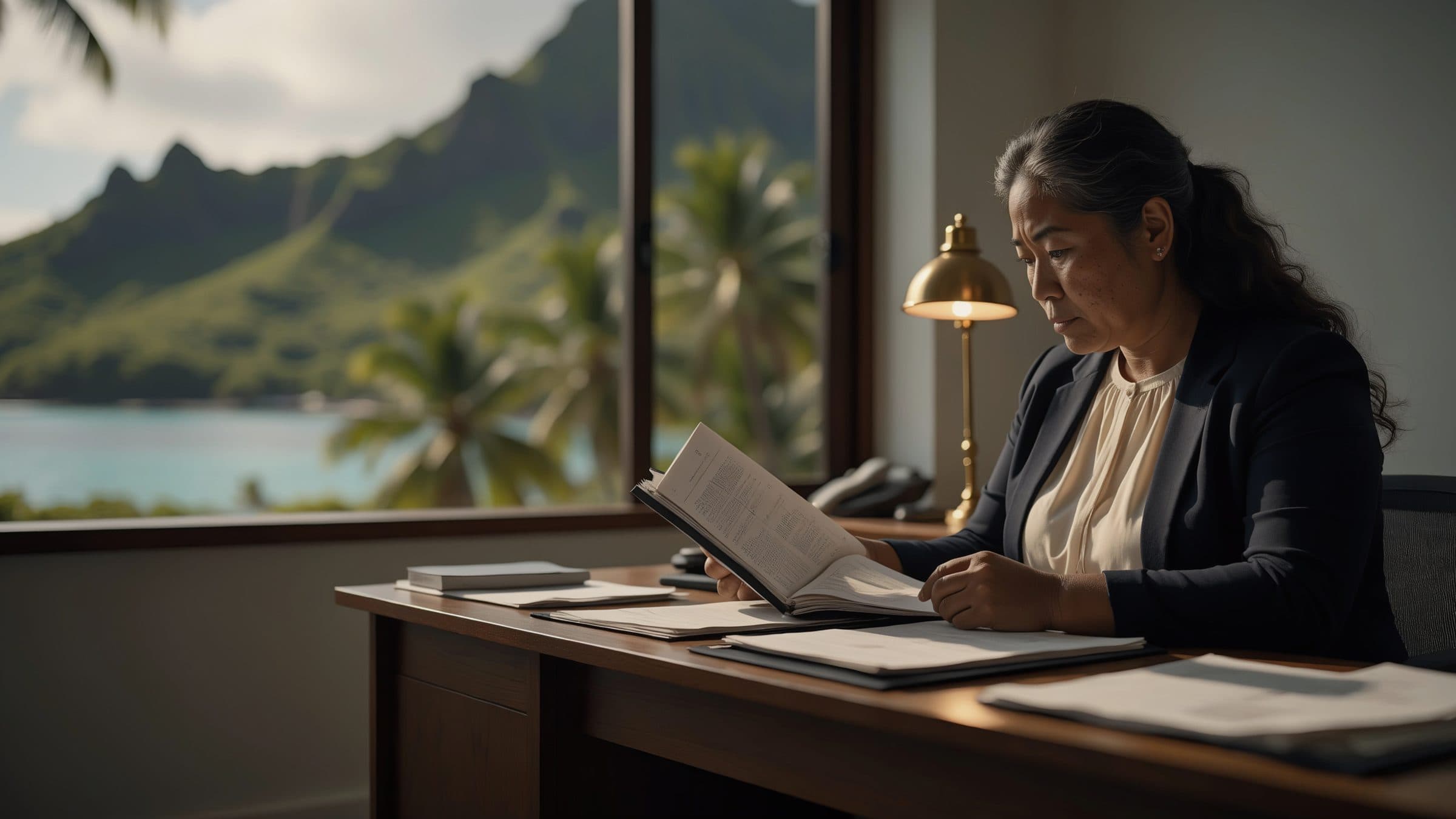 A trust officer reading a client file at a desk beside an open window, a lagoon and green hills behind her.